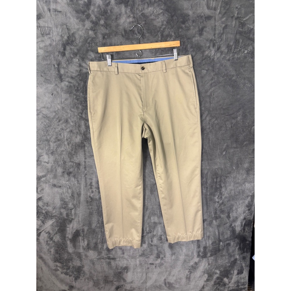 Mens Khaki Chino Pants Tan Straight Leg Flat Front Casual Trousers 37x26